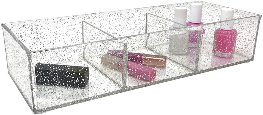 Isaac Jacobs Large 3-Compartment Acrylic Stackable Organizer (12.9" L x 5" W x 2.7" H), Multi-Sectional Tray & Storage Solution for Makeup, Craft Supplies, Bathroom, Kitchen, Office (Silver Glitter)
