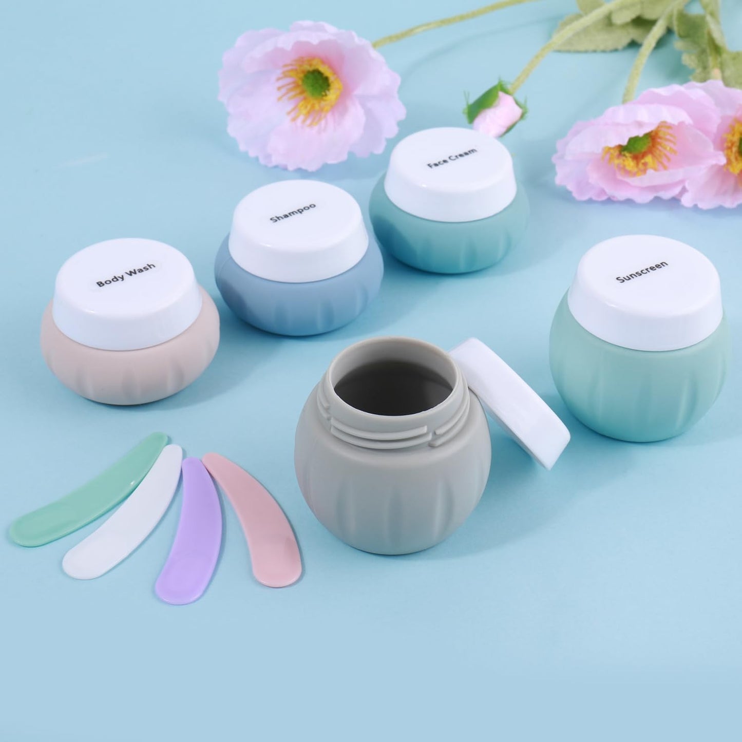 GLAMFIELDS TSA Approved 2Pcs 1.7oz+3Pcs 1oz Travel Size Silicone Jars BPA Free, Leak-proof Travel Essentials with Lid for Cosmetic Face Hand Body Cream Green (5Pack)