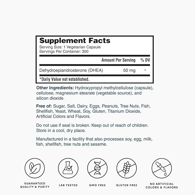 Nature's Lab DHEA 50mg Supplement - Promotes Balanced Hormone Levels, Healthy Energy and Increased Mental Clarity* - 300 Capsules (10 Month Supply)