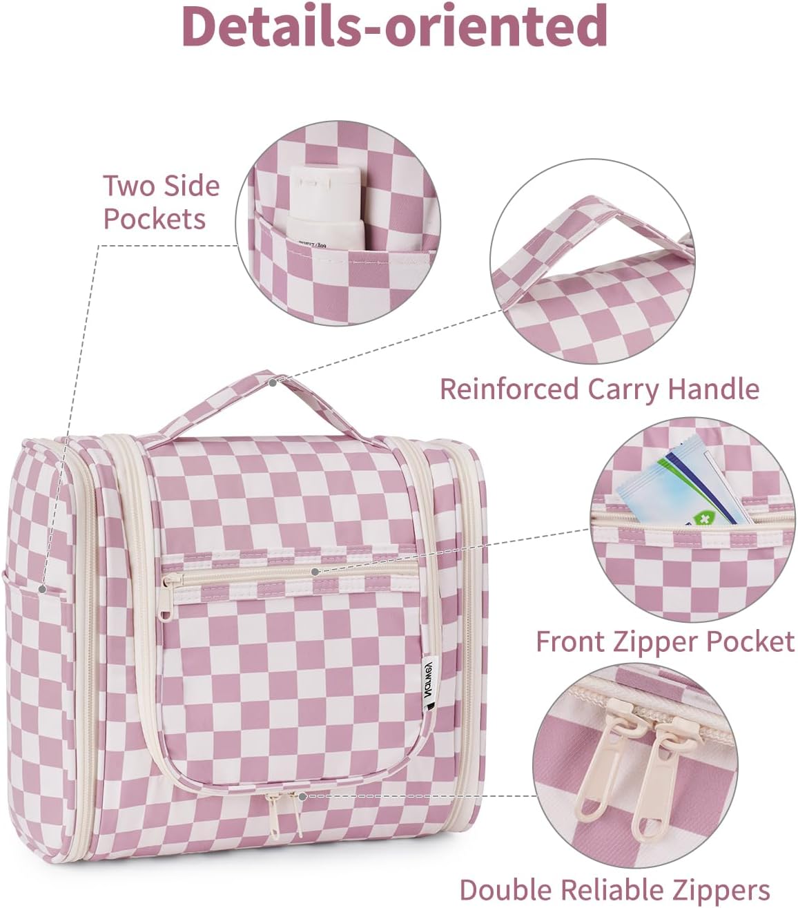 Narwey Checked Hanging Travel Toiletry Bag for Women, Travel Bag for Toiletries, Makeup Bag Organizer Cosmetic Bags Make Up Bags for Women (Dusty Rose Checkerboard)
