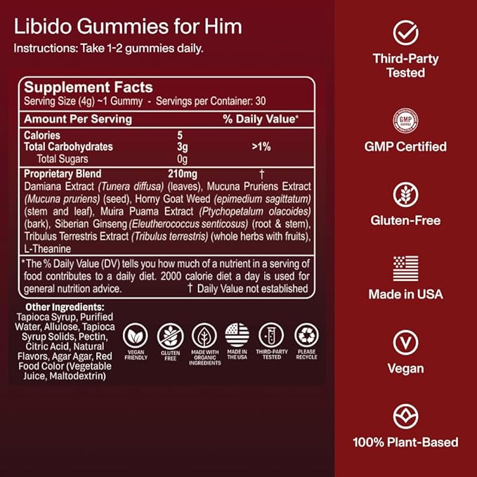 FOCL Male Libido Booster with Horny Goat Weed, Damiana, Tribulus Terrestris for Men - Supports Healthy Levels, Boost Stamina, Performance, Endurance, Male Enhancing Supplement Gummies