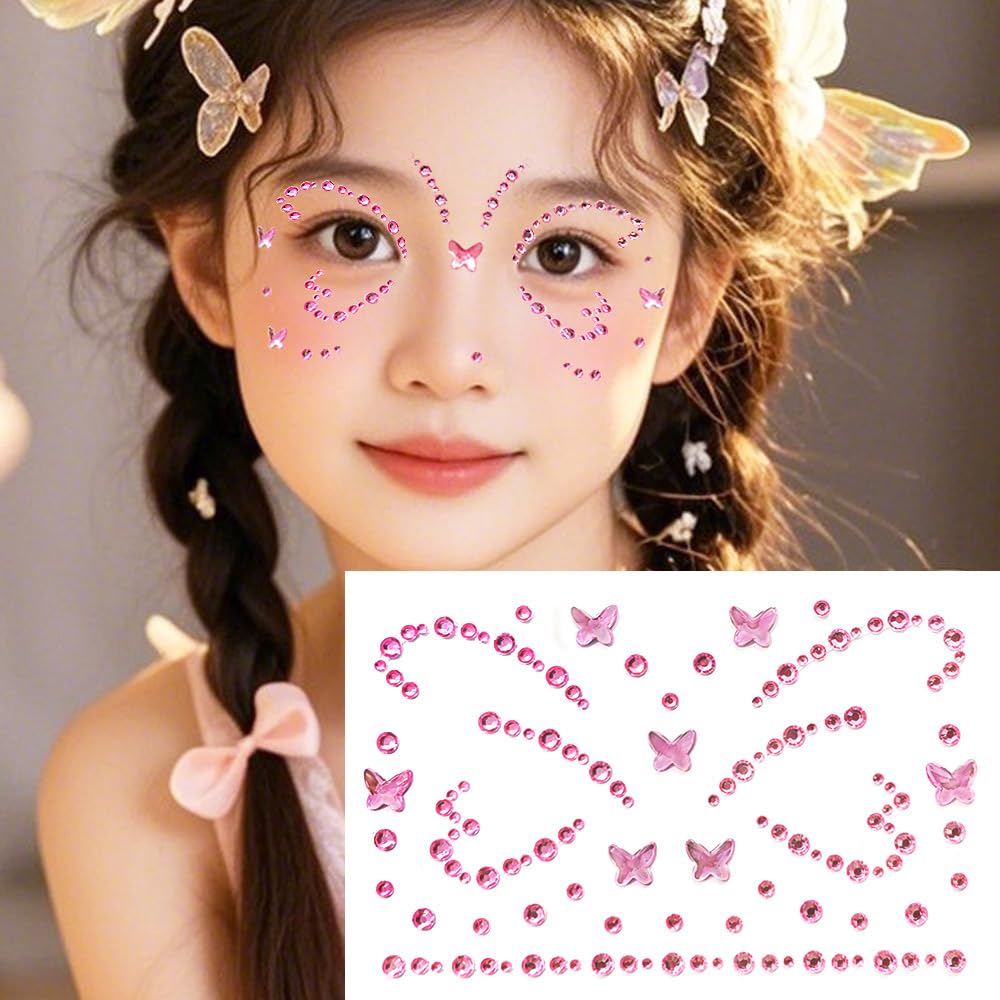 Crystal Butterfly Face Gems Pink Face Jewels Fake Butterfly Gems Tattoo Stick on Eye for Men Women Kids Halloween Prank Makeup Costume,2-Pack