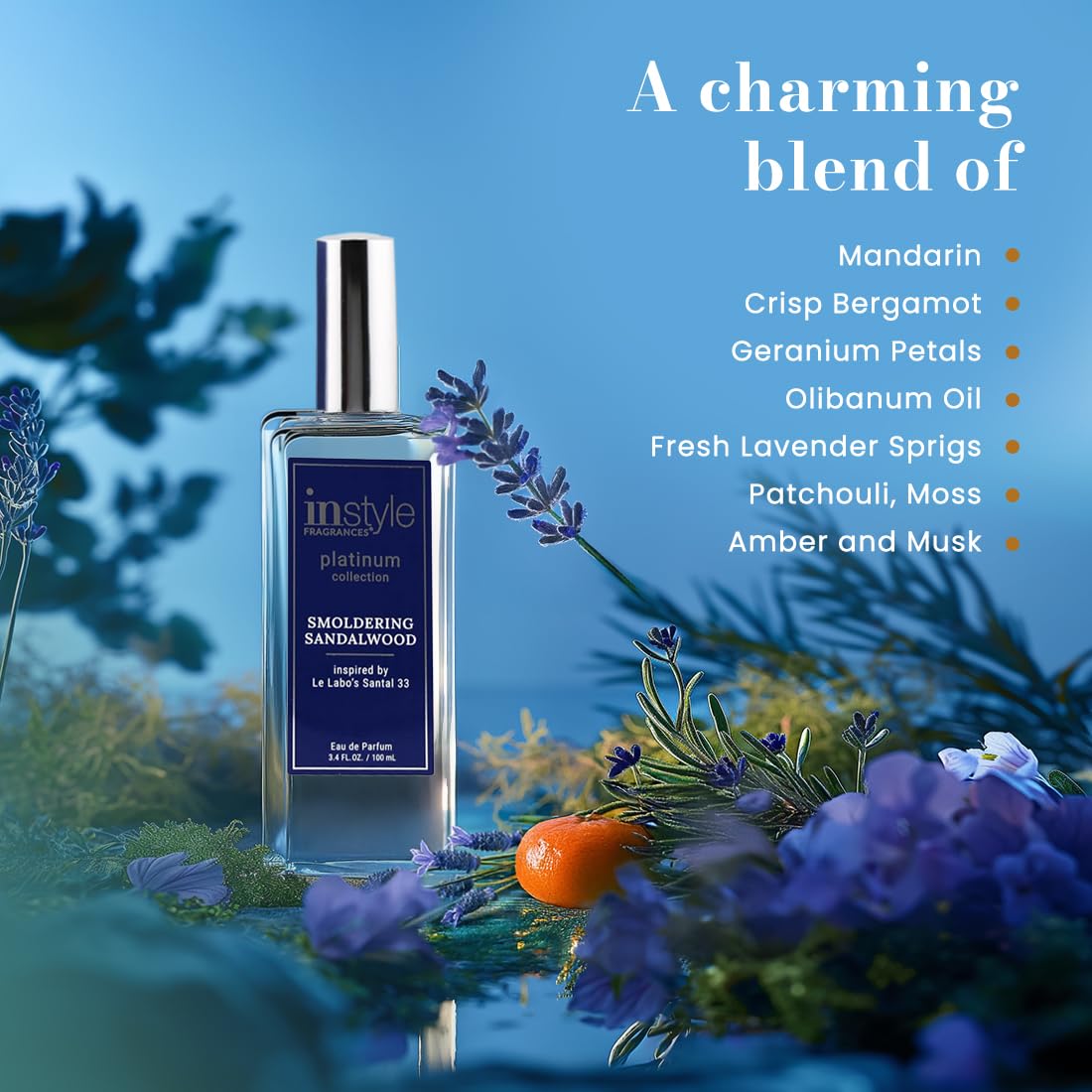 Instyle Fragrances, Platinum Collection, Smoldering Sandalwood, Inspired by Le Labo’s Santal 33, Unisex Eau de Parfum, CLEAN, Vegan, Paraben-Free, Never Tested on Animals, 3.4 Fluid Ounces