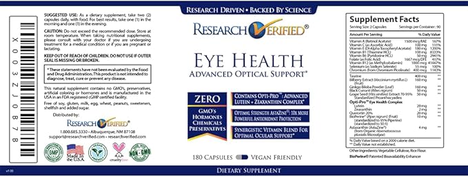 Research Verified Eye Health - Nourish and Protect Eyes and Vision, Support Healthy Retina, Improve Blood Supply to Eyes - Vitamins A, B, C, and E - 360 Capsules - 6 Month Supply - Made in The USA