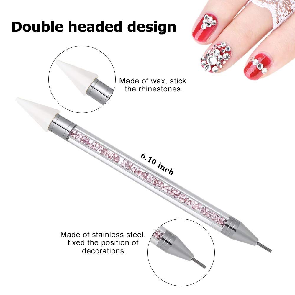 Nail Rhinestone Picker Dotting Tool with Extra 2 Wax Head, Dual-ended DIY Nail Art Tool With Pink Acrylic Handle (WHITE)