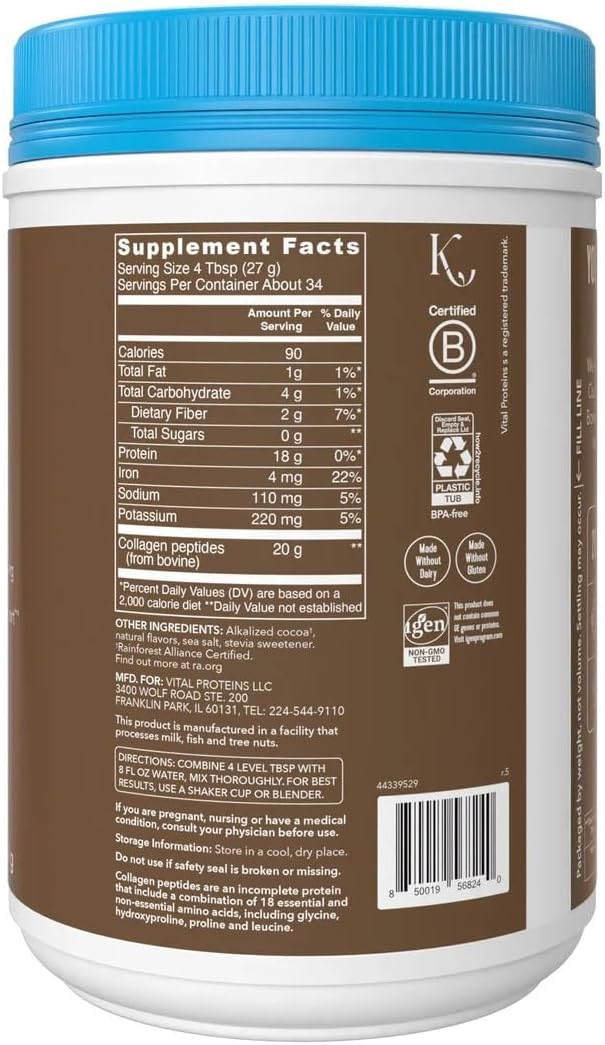 Collagen Peptides Chocolate Protein, 20g Collagen Per Serving, Pasture Raised Grass Fed, Paleo + Keto Friendly, Gluten Dairy Free Zero Sugar, 32 OZ Pack of 2