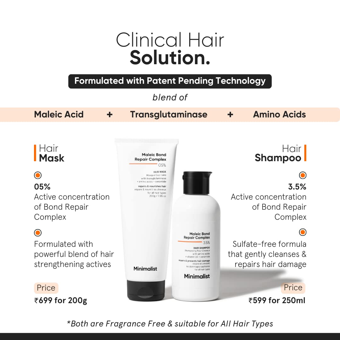 Minimalist Hair Mask for Damaged Hair & Frizzy Hair | After Shampoo | Maleic Bond Repair Complex 5% | Transglutaminase, Amino Acids & Ceramides | For Women & Men | 7.05 Oz/200 gm
