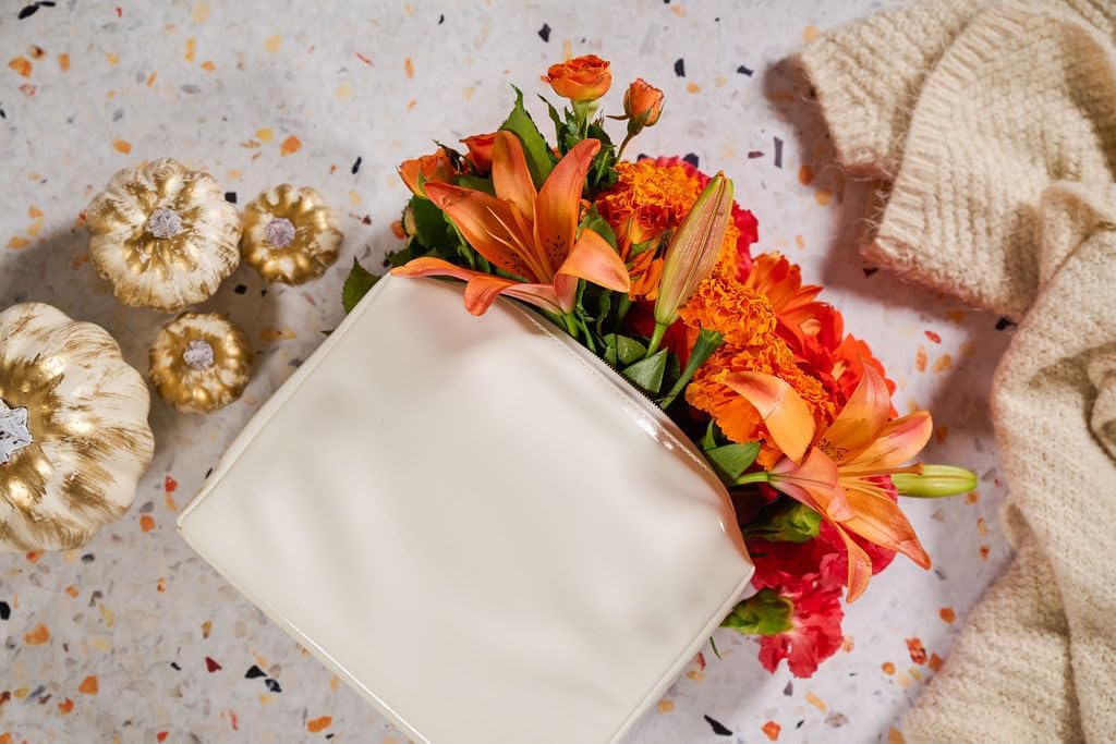 Stay Golden Insulated Waterproof Makeup Bag for Women Heat-Resistant Travel Cosmetic & Toiletry Bag | Luxurious Vegan Leather Portable Makeup Organizer - (Gold Zipper, White)