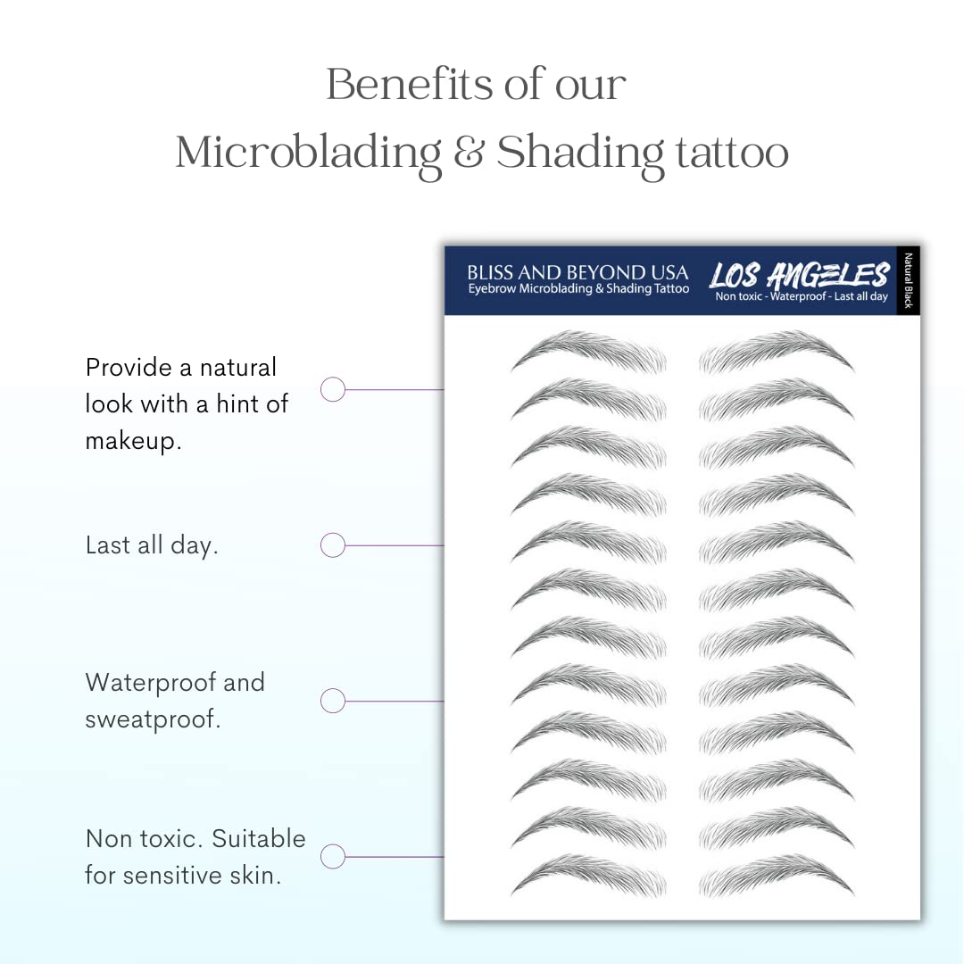 Bliss and Beyond USA, 2 sheets eyebrow tattoo waterproof sticker, Long Lasting, Natural Looking Fake Eyebrow for Alopecia, Chemo, Cancer gift. Same Size eyebrow tattoos (Natural Los Angeles, Black)