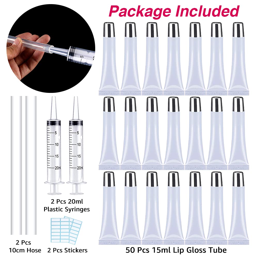 50PCS Lip Gloss Containers 15ml Silver Cap Refillable Cosmetic Squeeze Tubes + 2 x 20ml Syringes Tag Labels Stickers for DIY Lip Gloss Base Glitter