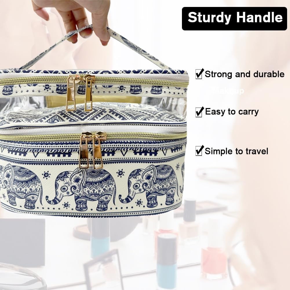 FITINI Makeup Bags Double Layer Travel Storage Cosmetic Cases Make up Organizer Toiletry Bags Water-resistant for Women Makeup Brush Bag,Elephant