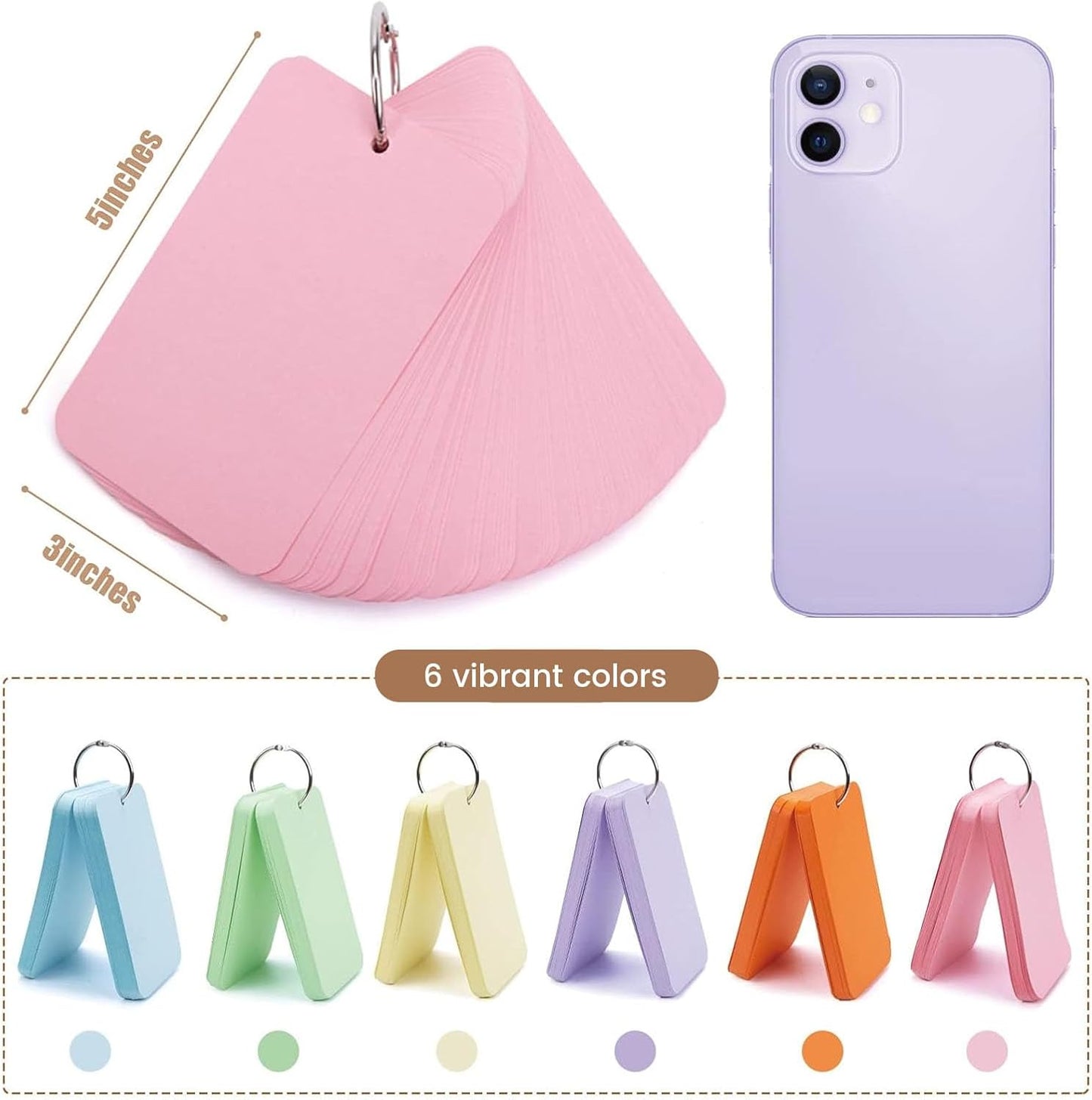Koogel Index Cards with Ring for Studying, 480 PCS, 3x5 Inch, Colored Flash Cards with Key Ring, Notecard for School College Memory Vocabulary Greeting Memo Home Organization Supplies, 6 Colors