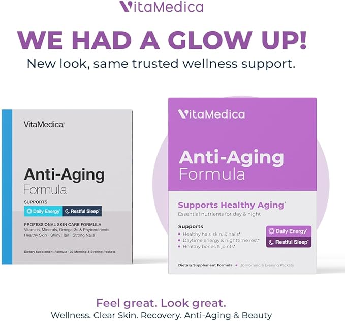 VitaMedica Anti-Aging Formula 4-in-1 Health and Beauty Supplement | Anti Aging Supplement for Women and Men | Healthy Hair, Skin, and Nails | Natural Energy & Restful Sleep | 30 AM & PM Packets
