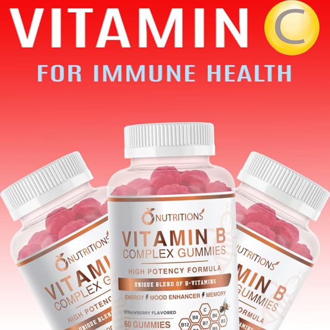 O NUTRITIONS Vitamin B Complex Vegan Gummies with Vitamin B12, B7 as Biotin, B6, B3 as Niacin, B5, B6, B8, B9 as Folate for Stress, Energy and Healthy Immune System (1 Pack)