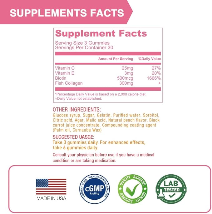 Lovita Marine Collagen Gummy with Biotin, Vitamin C & E | Type I Collagen for Skin Health | Peach Flavor | 90 Gummies (Pack of 3)