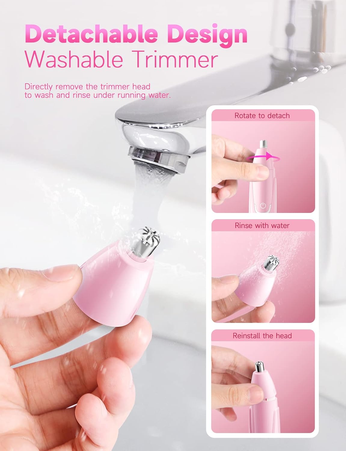 ZORAMI Rechargeable Ear and Nose Hair Trimmer - 2025 Professional Painless Eyebrow & Facial Hair Trimmer for Men Women, Powerful Motor and Dual-Edge Blades for Smoother Cutting Pink