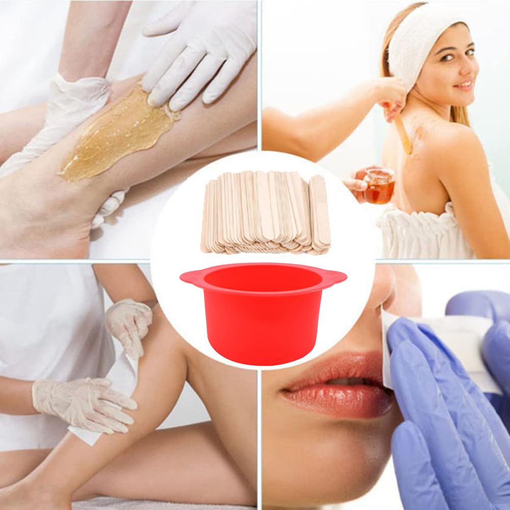 Silicone Wax pot Liner, Silicone Wax Bowl Warmer liner, Non-Stick Melt Pot Replacement, Reusable Melt Liner with 50 Pcs Waxing Sticks Body Hair Removal 14 oz Red