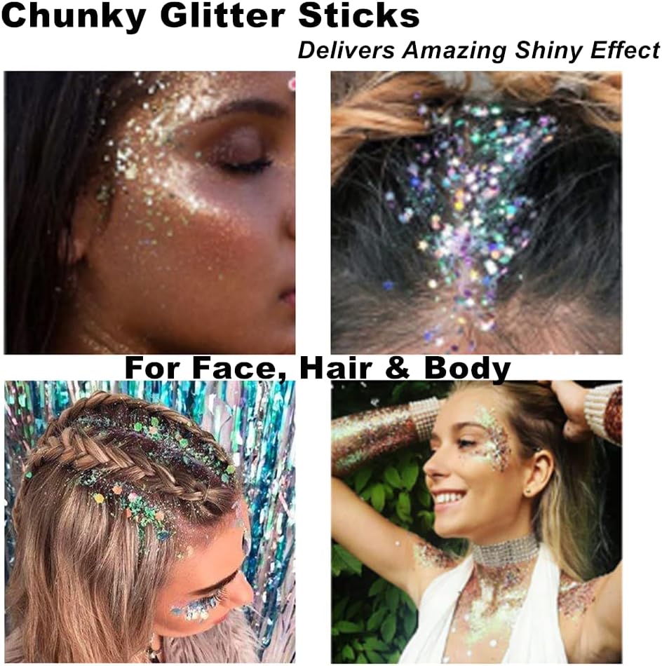 Mysense Silver Body Glitter Stick,Face Hair Glitter Gel for Kids Women,Festival Rave Pride Accessories,Holographic Mermaid Sequin Sparkling Chunky Glitter Makeup,0.56oz