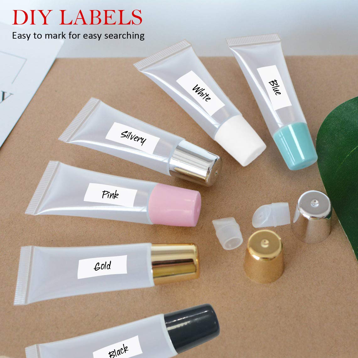 AMORIX 50PCS Lip Gloss Tubes 5ml Black Cap Refillable Cosmetic Syringes + Labels for DIY Lip Gloss Base Glitter