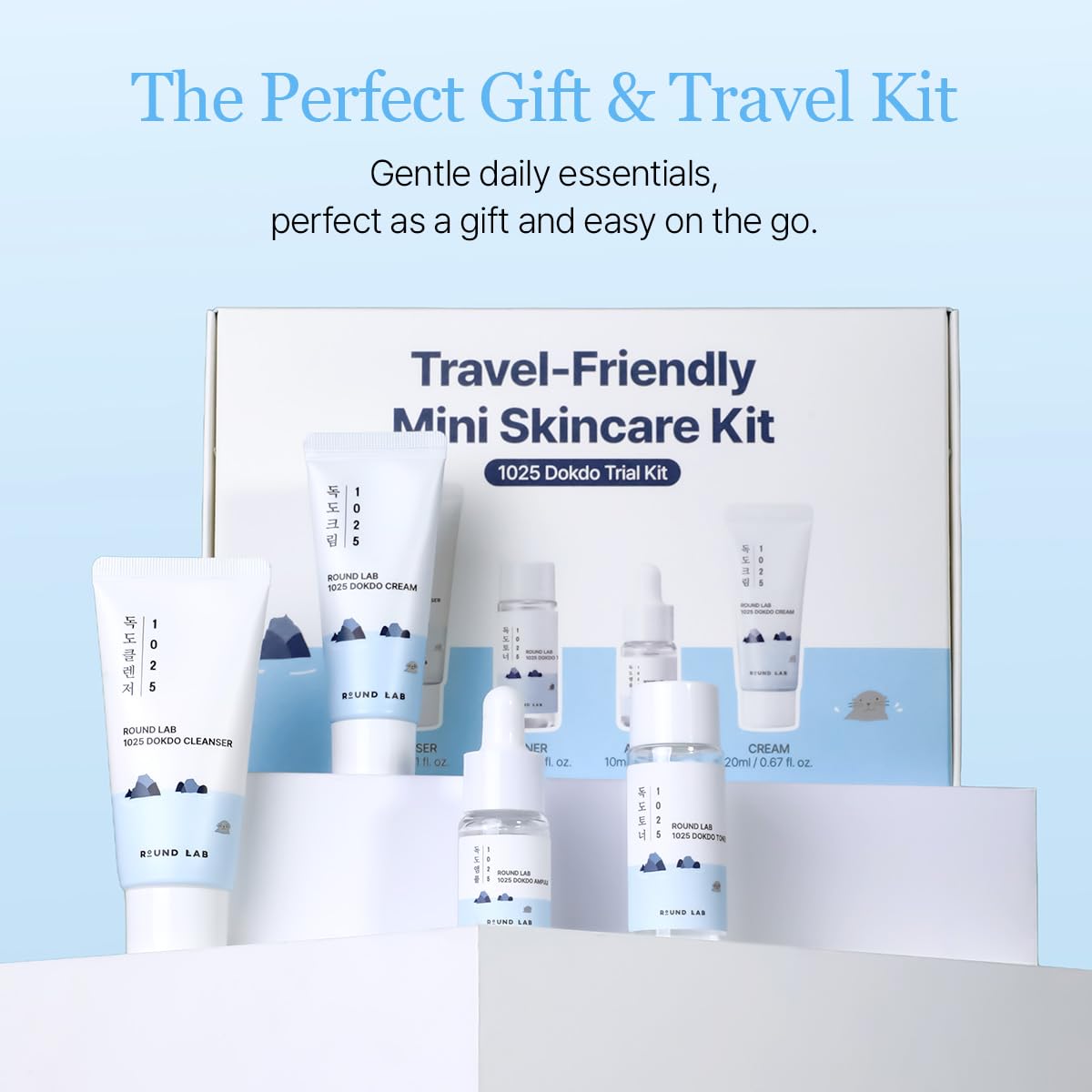 ROUND LAB 1025 Dokdo Hydrating Mini Size Kit (Cleanser, Toner, Serum, Cream) | Deep Hydration for Dry Skin | Gentle, Lightweight Routine for Daily Moisture & Soothing Care