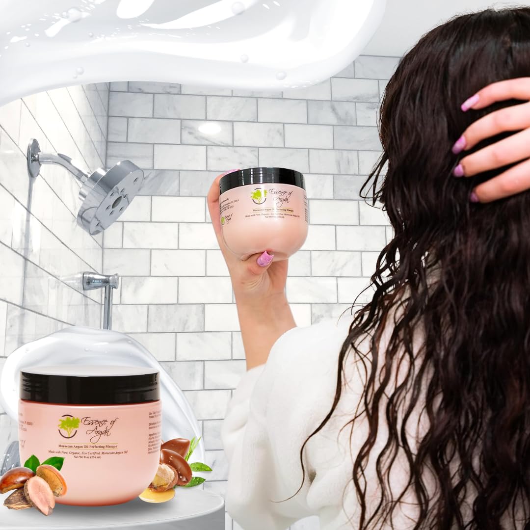 Essence Of Argan Renewing Deep Conditioning Hair Mask Infused with 100% Pure Moroccan Organic Argan Oil - Revitalizes Dry Damaged Hair- Hydrating Hair Mask - All Hair Types (236ml/8oz)