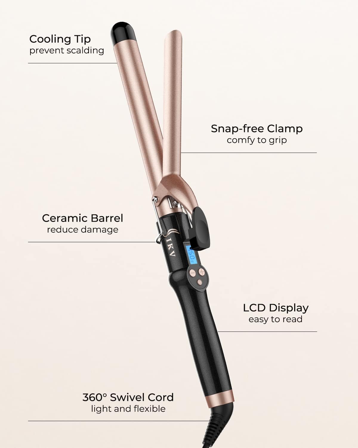 1 Inch Extra Long Barrel Curling Iron, Ceramic Tourmaline Curling Wand Professional Dual Voltage