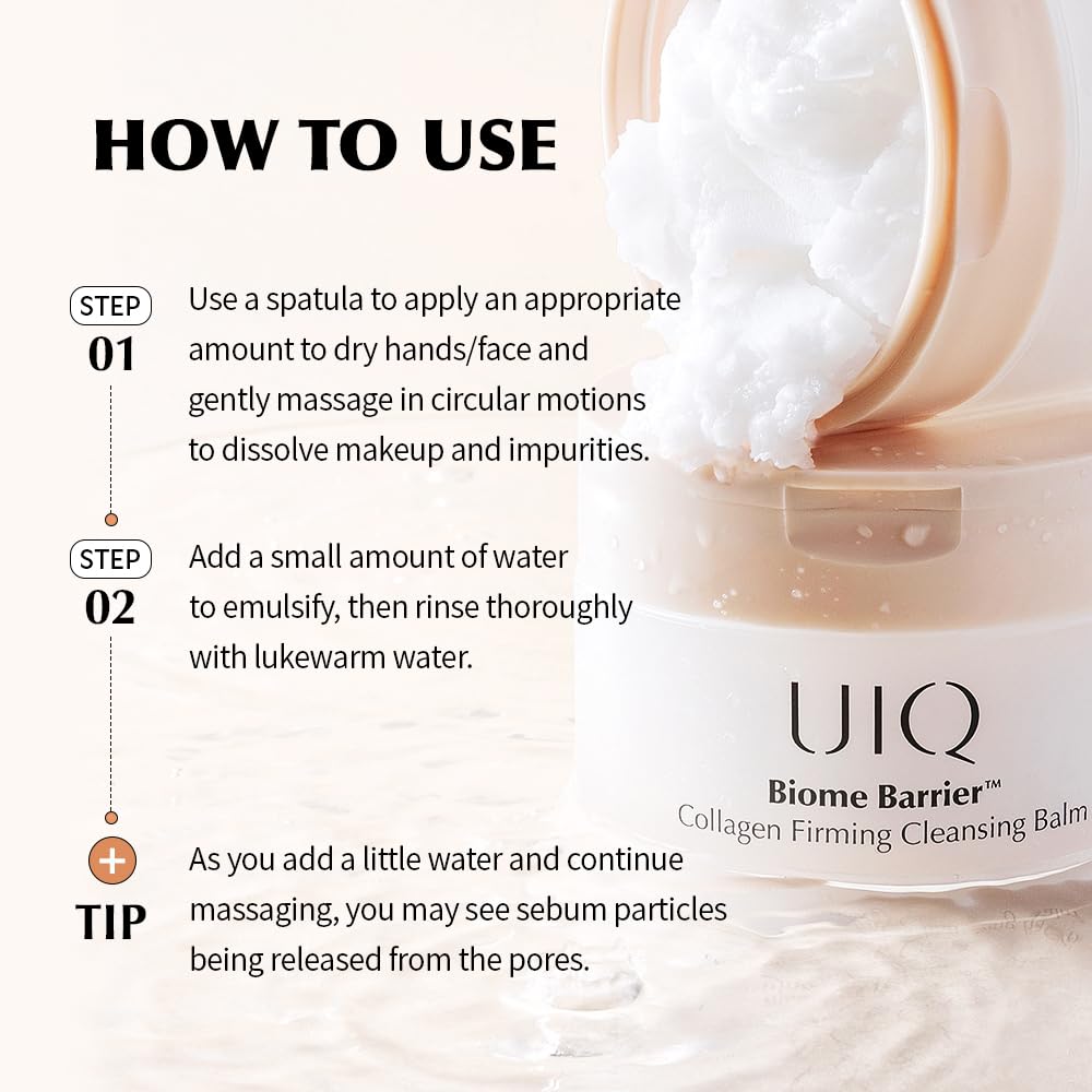 UIQ Biome Barrier Firming Collagen Cleansing Balm | Hygenic One-Step Makeup Remover | Non-Greasy Sorbet Texture | Gentle, Soothing for All Skin Types | No.1 Oliveyoung Cleanser | 3.38 fl. oz.