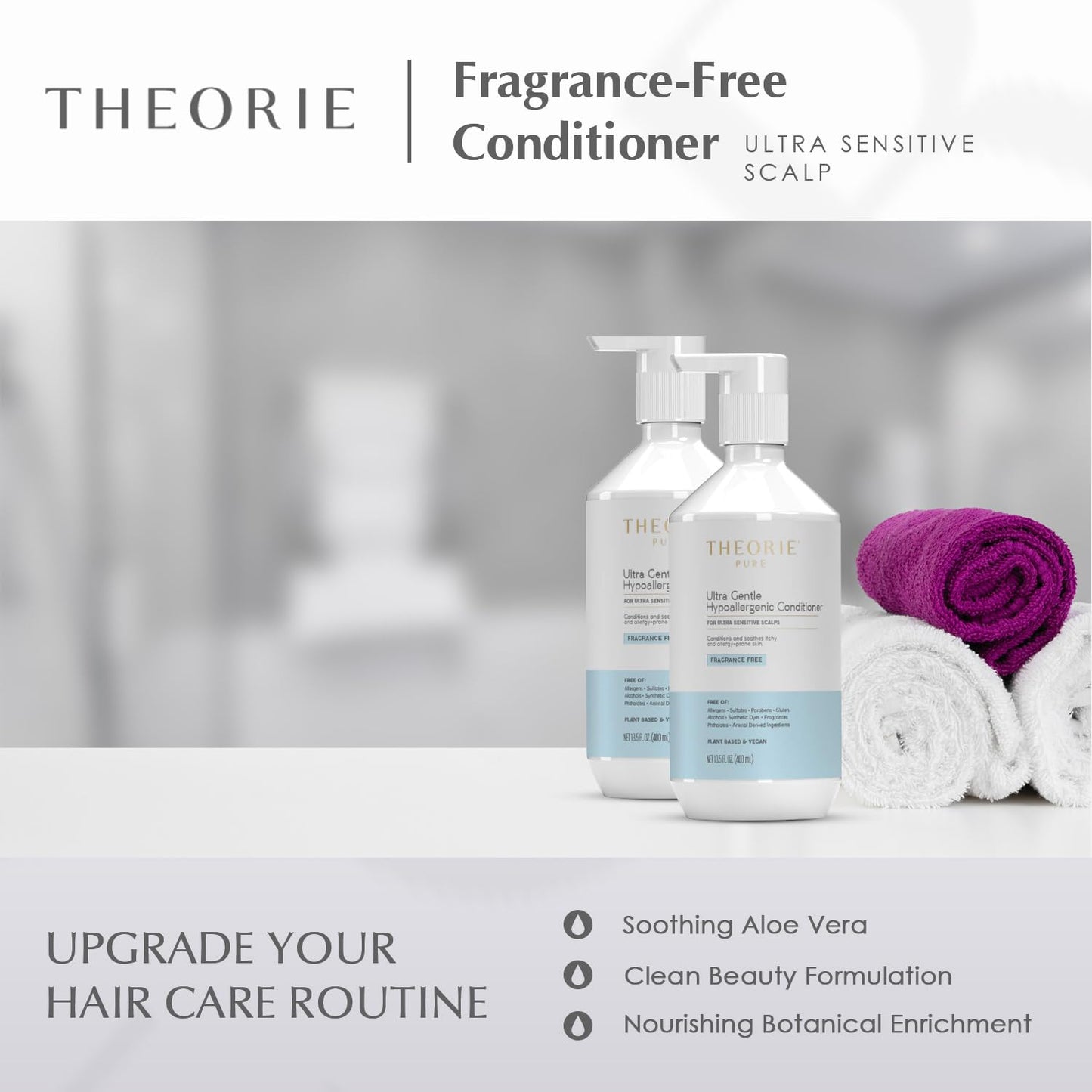 Theorie Pure Ultra Gentle Hypoallergenic Conditioner - Plant Based & Vegan - Conditions, Soothe Itchy & Allergy Prone Skin - Fragrance-Free - Ultra Sensitive Scalp, Pump Bottle - 400mL