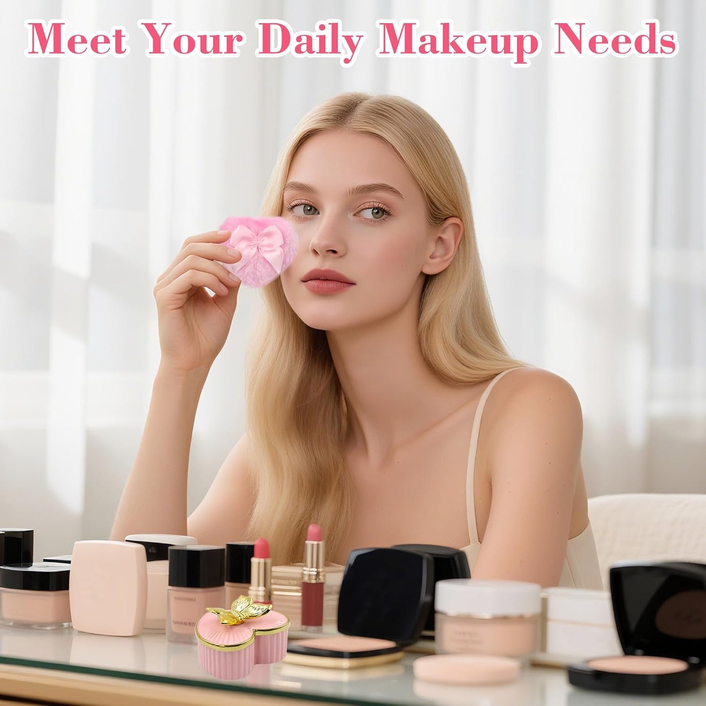 Large Body Powder Puff and Container, Ceramics Dusting Powder Container with 2 PCS Washable Heart Shaped Body Puff, Butterfly Dusting Case for Wet and Dry Makeup (Pink)