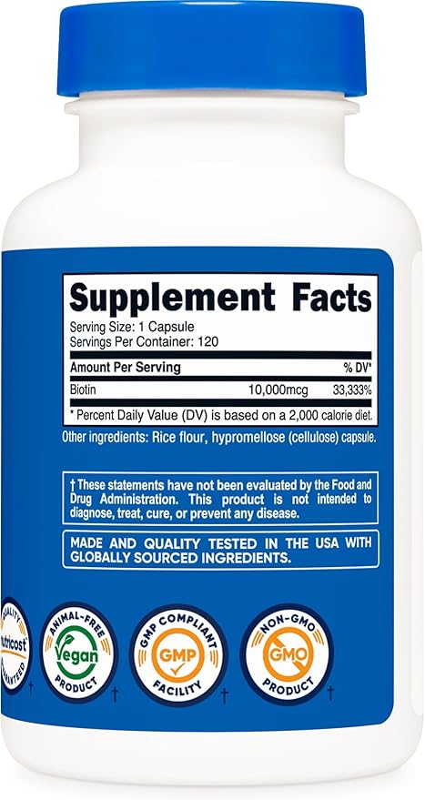 Nutricost Biotin (Vitamin B7) 10,000mcg (10mg), 120 Capsules - Vegan, Gluten Free, Non-GMO