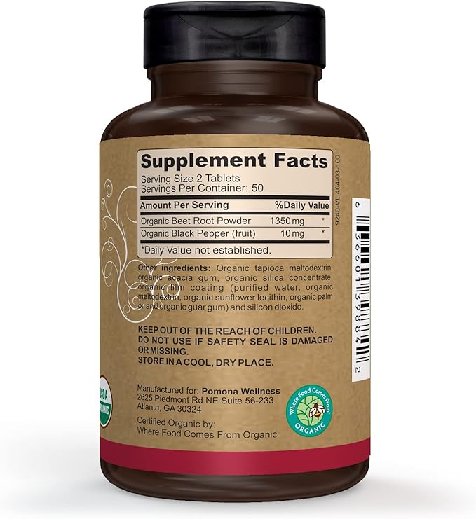 Pomona Wellness Beet Root Supplement Powder 1350mg, Supports Blood Pressure, Heart Health, Circulation, Energy & Athletic Performance, USDA Organic, Non-GMO, Vegan, 100 Tablets