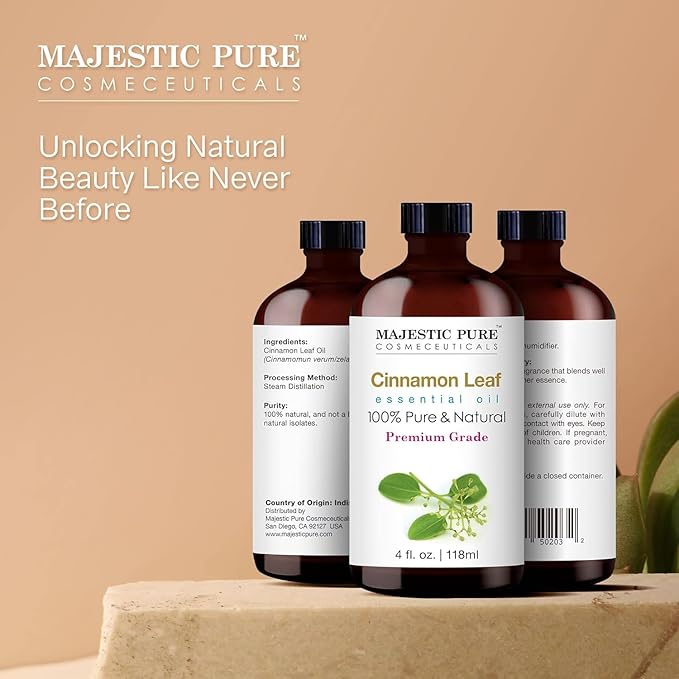 Majestic Pure Cinnamon Essential Oil | 100% Pure and Natural Cinnamon Oil | Premium Grade Essential Oils for Hair Care, Home Diffusers, Skin, Aromatherapy, Massage and Humidifiers | 4 Fl Oz