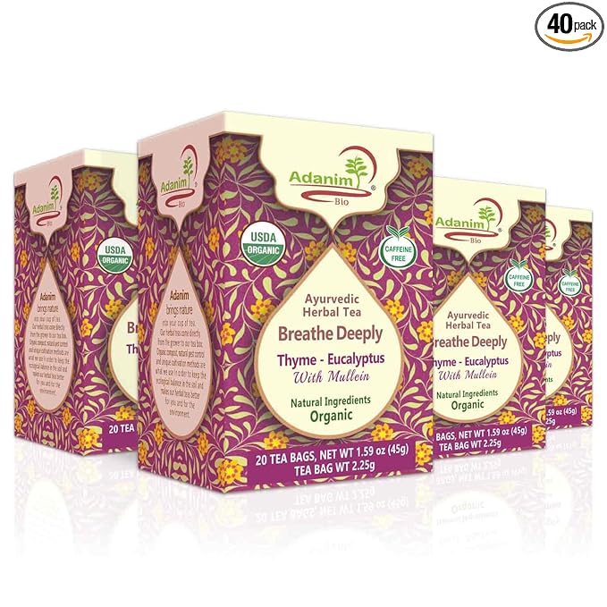 Adanim Bio Eucalyptus Mullein Tea, 40 Teabags of Organic Eucalyptus, Thyme, and Mullein. Providing Health Benefits to the Lungs. USDA-certified and Kosher tea