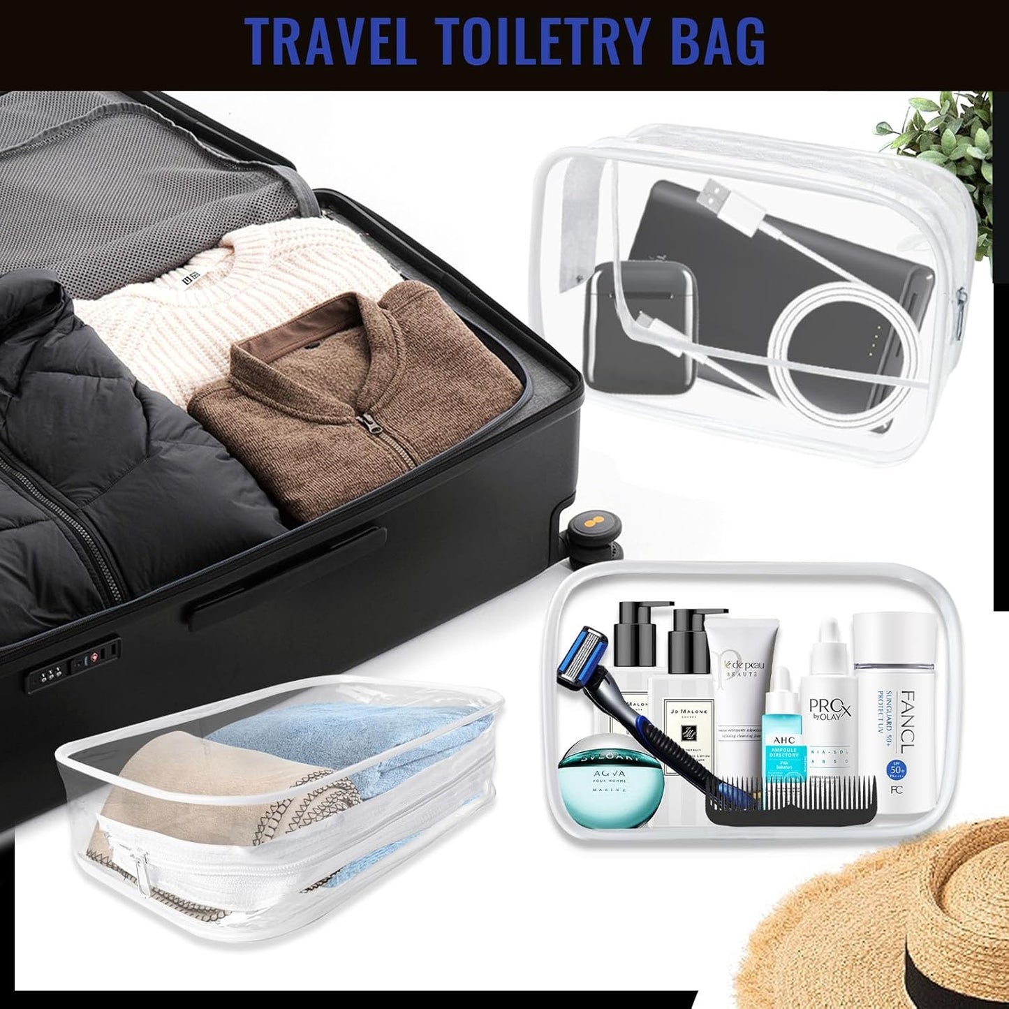 16 Pieces Clear Makeup Bags Bulk, TSA Approved Toiletry Bag for Travel, PVC Waterproof Cosmetic Pouches Clear Pouch with Zipper for Men and Women Carry-on Travel Essentials Cosmetic Bags (White-M)