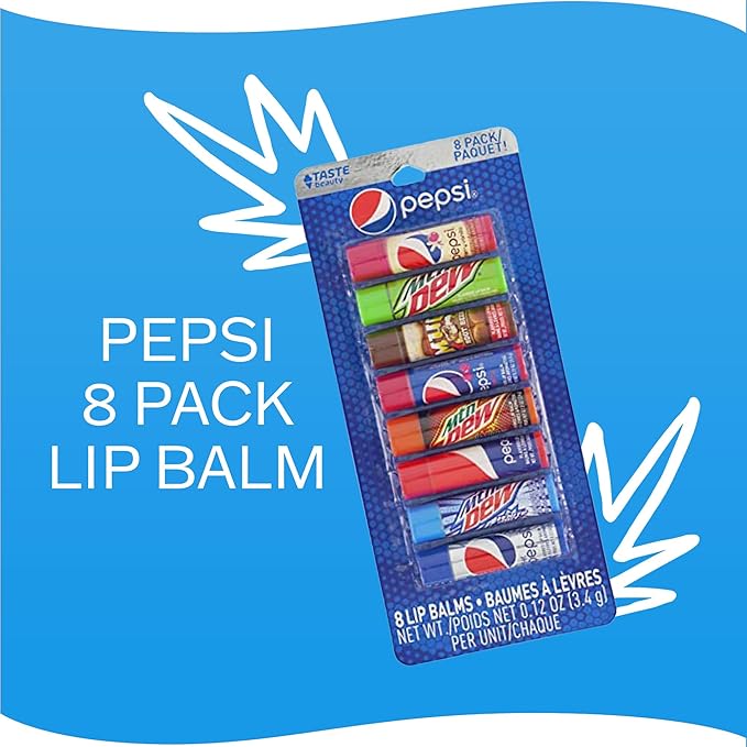 Taste Beauty Pepsi 8 Pack Lip Balm (Pepsi Cherry Vanilla, Mountain Dew, Mug, Pepsi Wild Cherry, Classic Pepsi, Mountain Dew White and Live Wire, Diet Pepsi)
