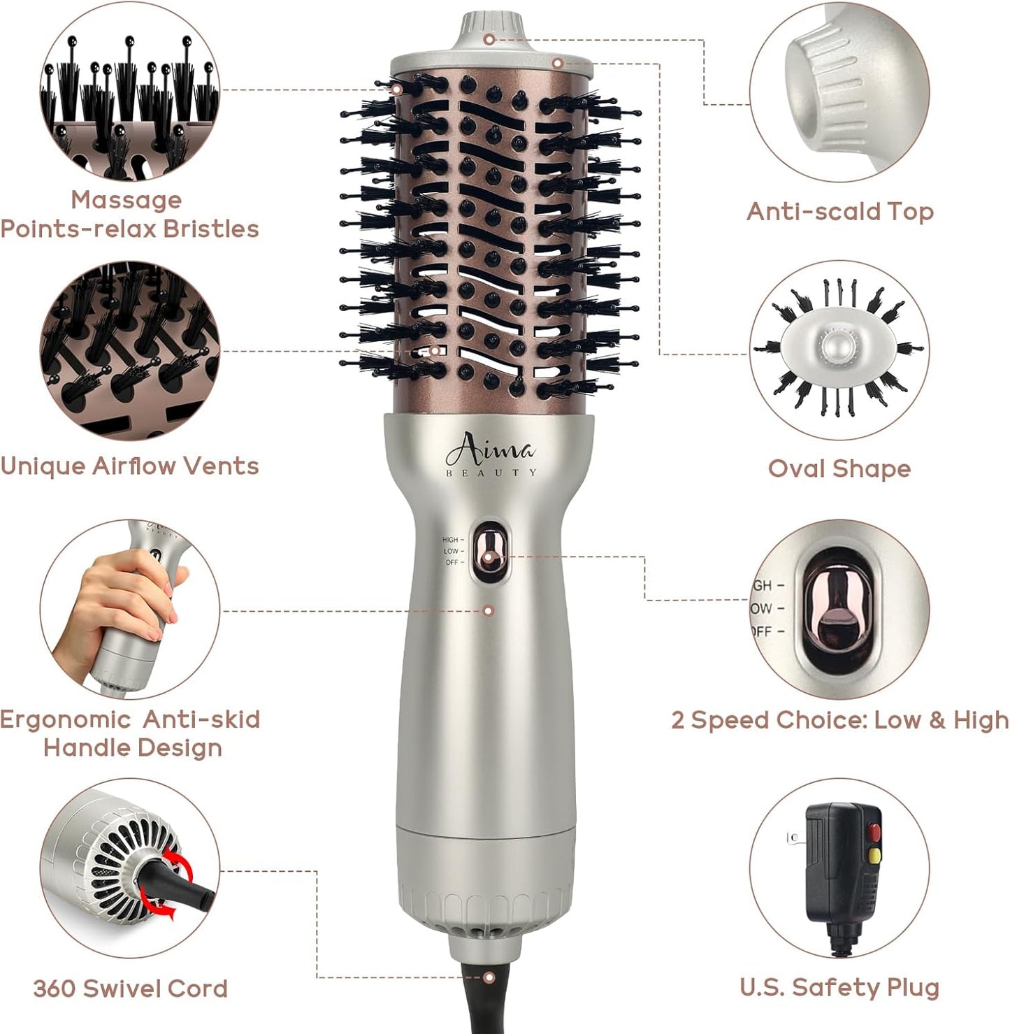 Aima Beauty 4 in 1 Worldwide Travel Hot Air Brush Dual Voltage Blowout Brush Oval Shape 110V-120V/220V-240V Straightener Blow Dryer Brush Ionic Lock Moisture Gift 360° Swivel Cord Champagne Silver