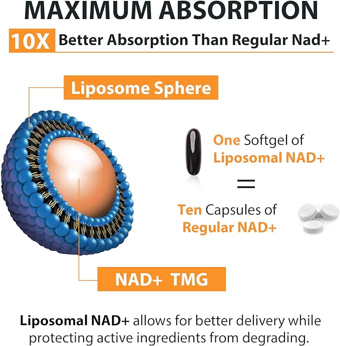 Liposomal NAD+ Supplement 500 mg, High Absorption, Boost NAD+ with TMG 250 mg, Actual NAD Plus More Efficient Than Nicotinamide Riboside, Support Cellular Energy, Healthy Aging | 180 Softgels