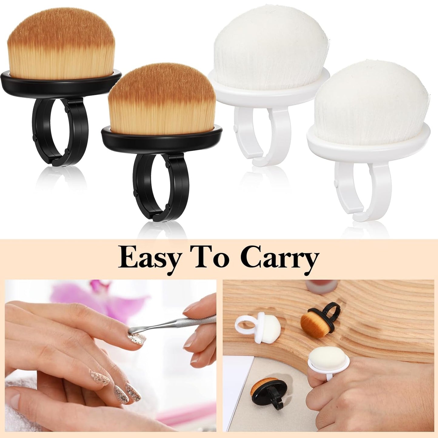 4 Pcs Nail Dust Cleaning Brush Ring, Soft Nail Brush Portable Nails Duster Tools for Manicure And Pedicure,Black and White