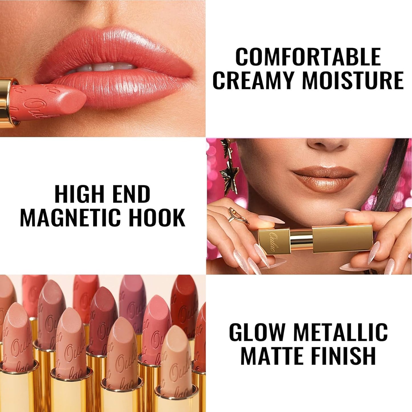 Oulac Matte Nude Peach Lipstick with Glow Metallic Finish - Vegan Lipstick for Women, Creamy Texture, Hydrating Clean Beauty Formula, High-End Magnetic Hook Design, GM06 Hugs