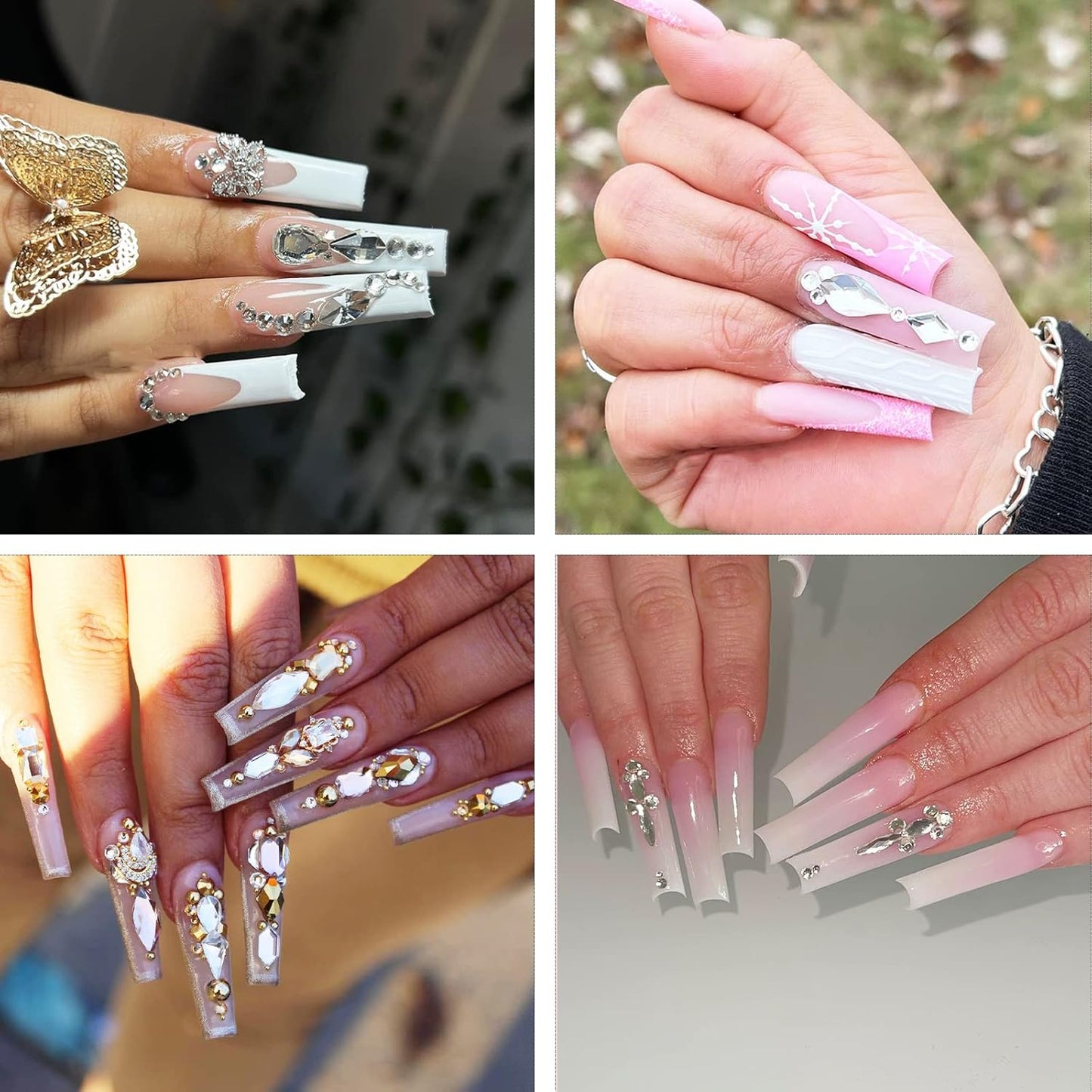 HUETFAT 14 Shaped Clear Nail Rhinestones for Art +6 Size Round Flatback Nails-Silver Charms with Wax Pen