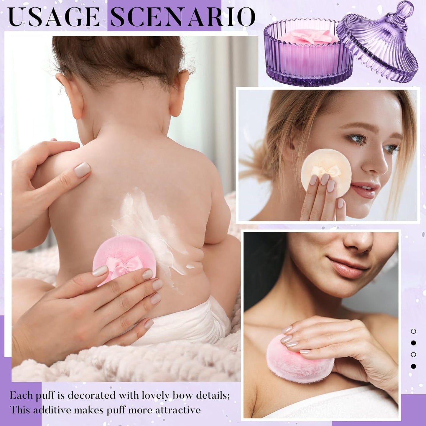 Tioncy 3 Pcs Large Body Powder Puff and Container Crystal Container Soft Washable Reusable Velour Face Body Glitter Powder Puff Wet Dry Makeup Simple Style (Purple)