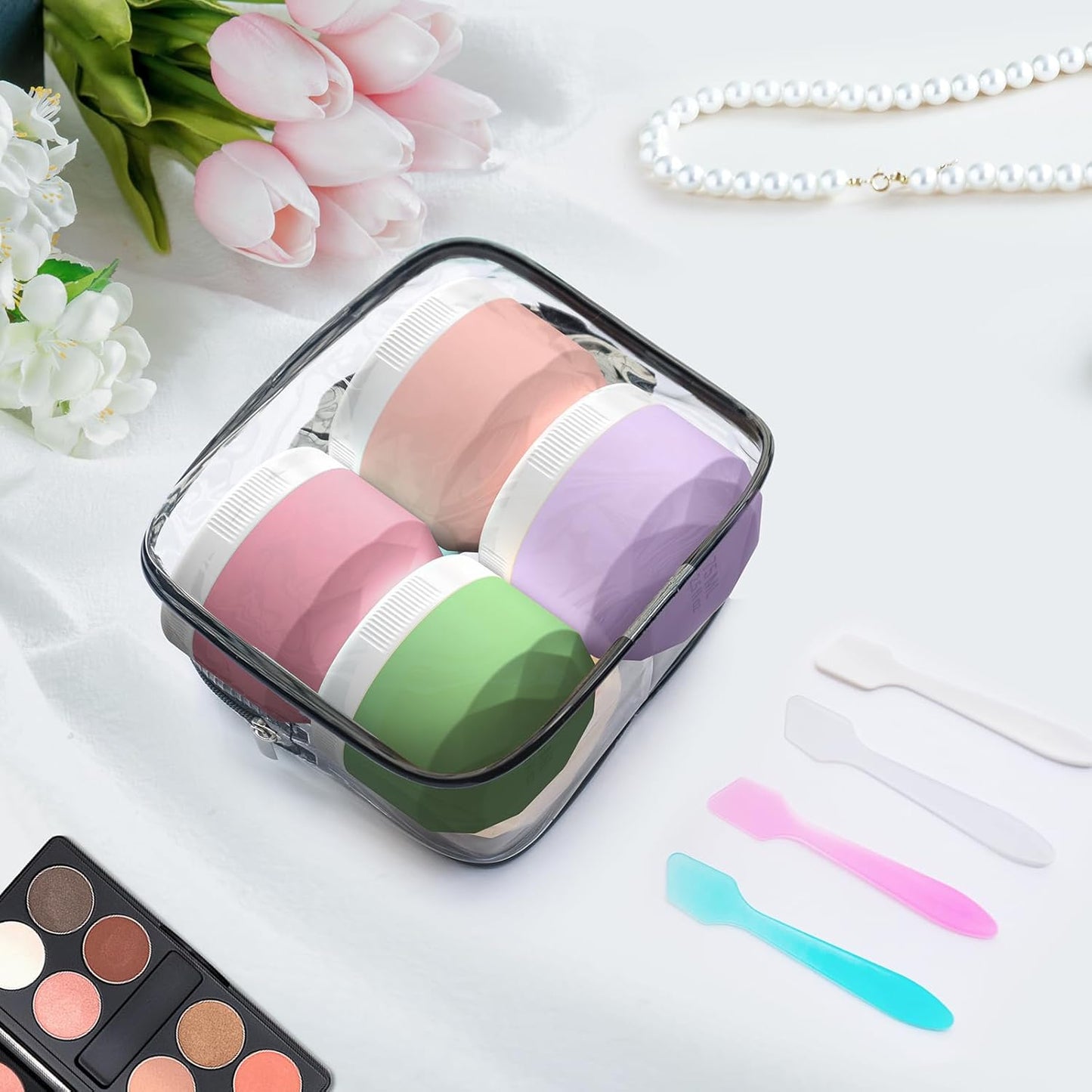 Travel Containers for Toiletries, 4-Pack TSA Approved Silicone Jars (2.5oz) - BPA Free Leakproof Cosmetic Containers for Creams, Lotion, Skincare & Makeup with Bonus Waterproof Bag