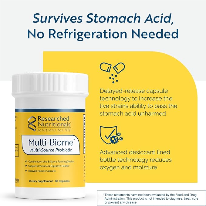 Researched Nutritionals Probiotics for Digestive Health - Multi-Biome - Spore Based Probiotics & Live Probiotics for Gut Health & Immune Support + Healthy Histamine & Cytokine Activity (30 Capsules)