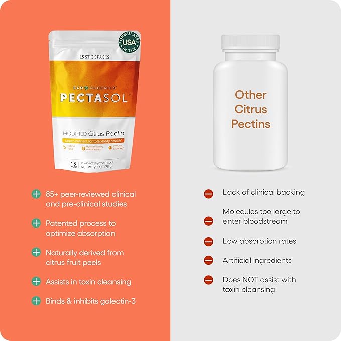 PectaSol Modified Citrus Pectin – 15 5g Stick Packs – Total-Body Health Supplement to Support Heart, Immune System, Inflammation Response & Healthy Aging + Maintain Healthy Galectin-3 Levels