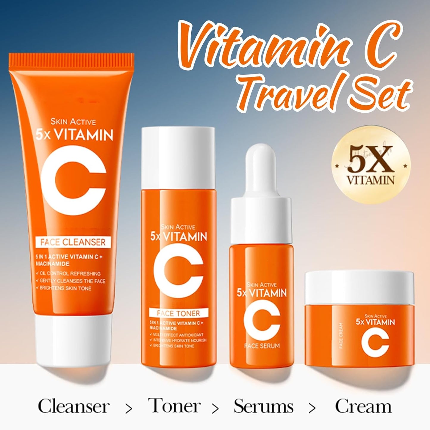 Skin Care Set Kit Vitamin C Korean Skincare Set Skin Care for Kids Includes Toner, Serum,Cleanser Gift Set for Women Teens Girls (4pcs Travel Set)