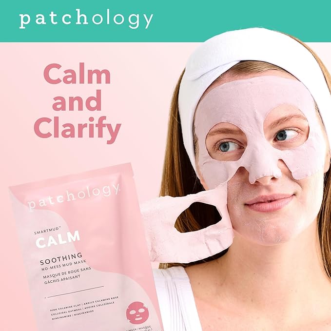 Patchology Calm SmartMud Clay Mask For Face - No Mess Soothing Mud Mask w/Calamine, Colloidal Oatmeal, & Niacinamide - Reduces Redness & Moisturizes Skin - Face Mask Skin Care for Women (1 Count)
