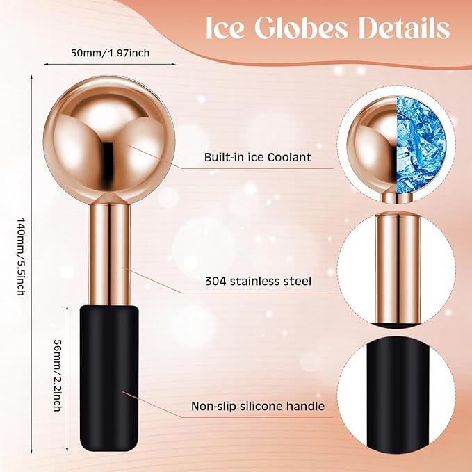 Baderke 2 Pcs Ice Globes for Face Stainless Steel Cooling Globes Unbreakable Cooling Roller Women Ice Balls Cryo Sticks Face Skin Care for Dark Circles, Puffiness(Rose Gold (black Handle))