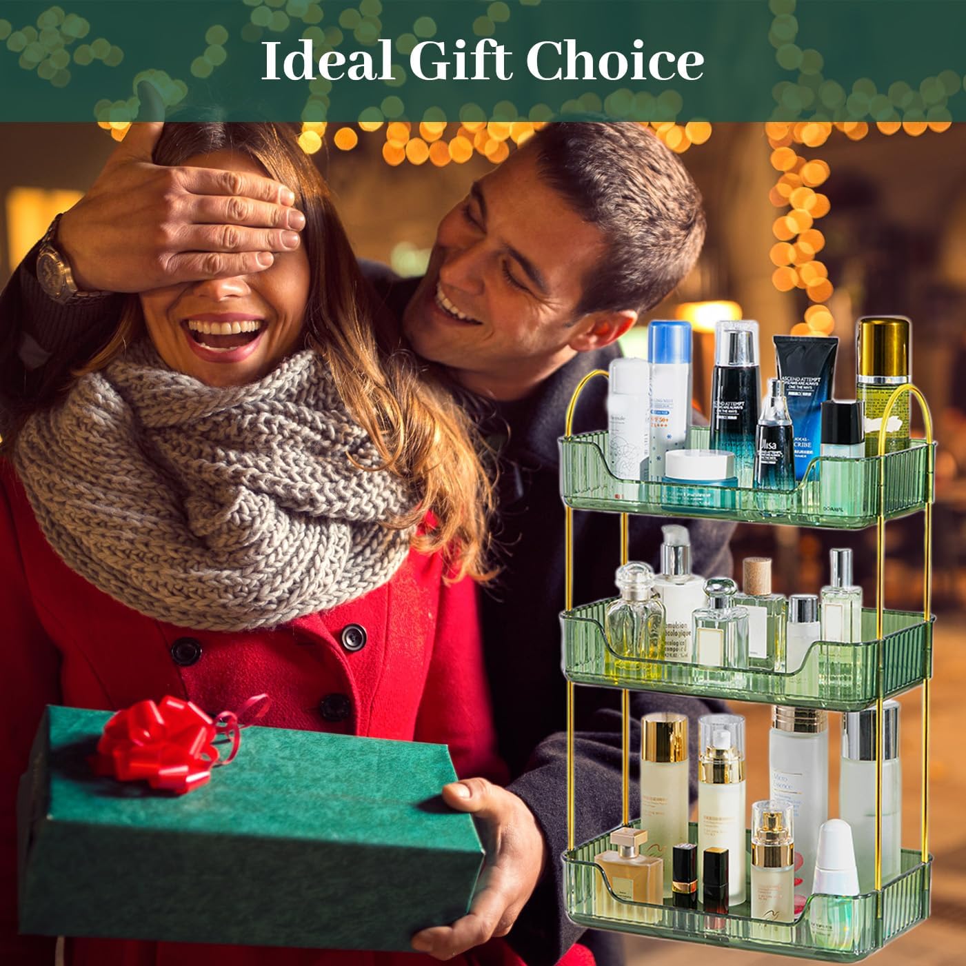 Aveniee Bathroom Counter Organizer, 3 Tier Perfume Skin Care Countertop Storage Shelf, Vanity Makeup Tray for Cosmetic Skincare Lotion,Green