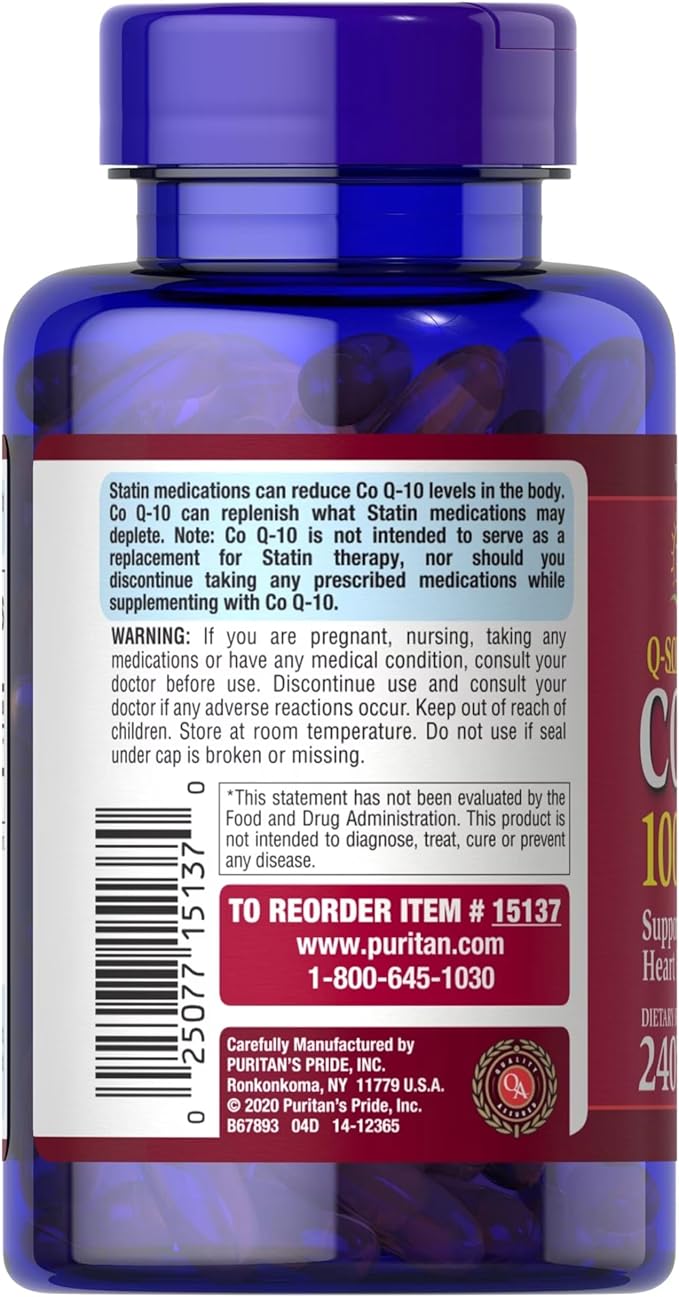 Puritan's Pride Coenzyme CoQ10 100mg, Dietary Supplement for Heart Health, Blood Pressure, Oral Gum Health, and Healthy Aging Support, 60 Day Supply, 240 Rapid Release Softgels