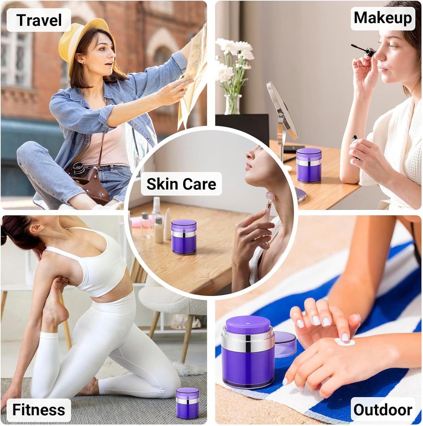 Segbeauty 1.7oz Airless Lotion Dispenser Travel Jars for Creams, 3pcs Refillable Purple Travel Size Containers Pump Bottles, 50ml Vacuum Liquid Jar Empty Toiletry Bottles, Skincare Makeup Pump Jar